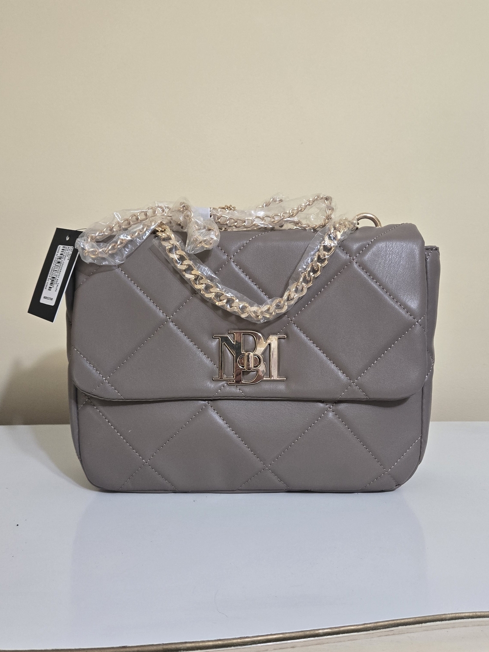 Badgley Mischka Quilted Crossbody Bag in Taupe with Gold Chain